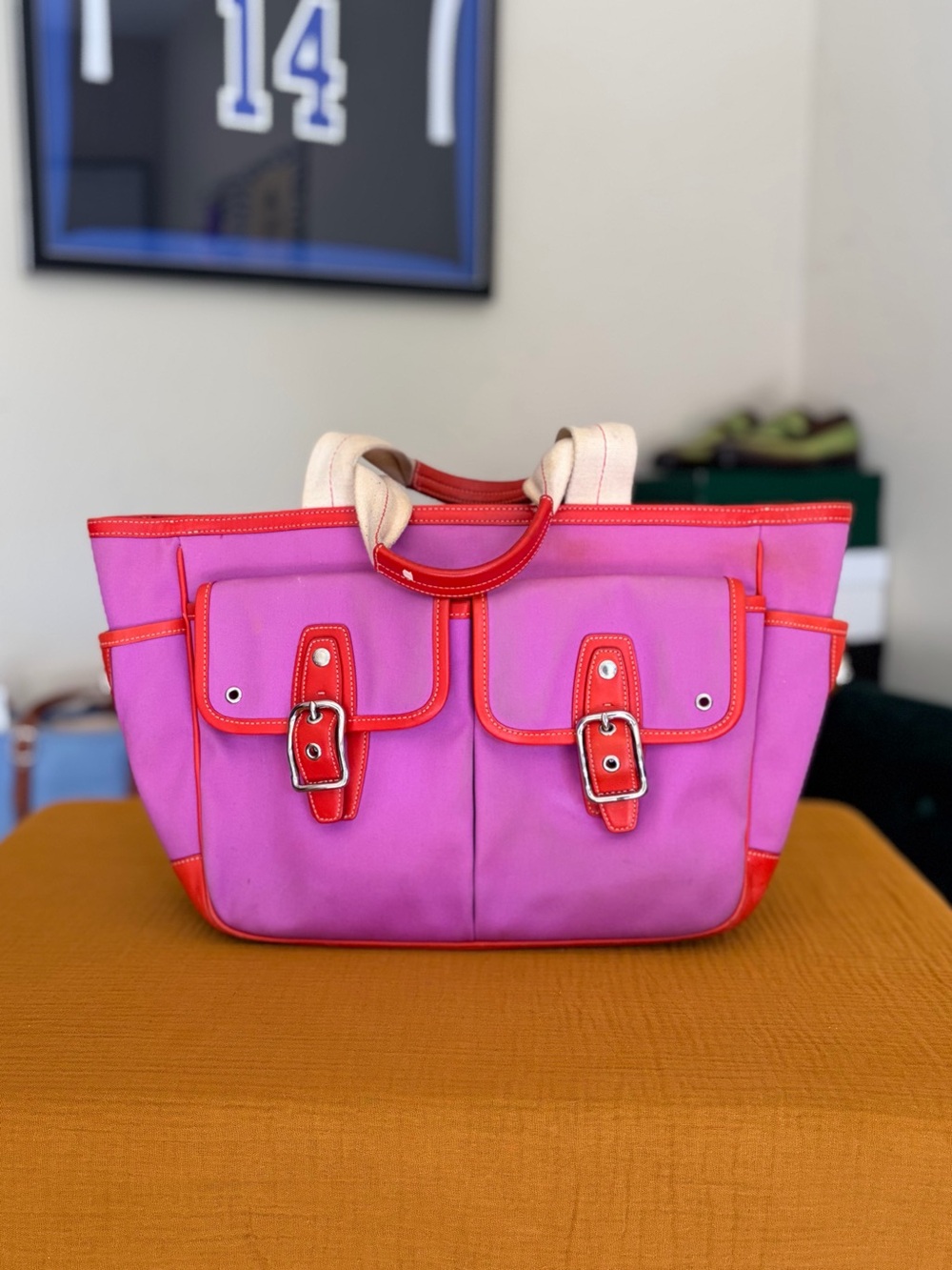 Vintage 2004 Coach Twill Garden Tote 6734 Fuchsia Pink Red Y2K Bag